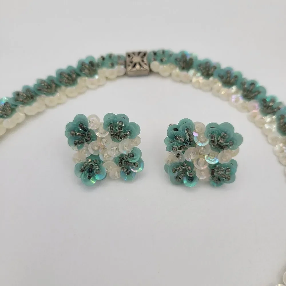 Vintage 1950s Aqua Sequin Necklace & Earrings Set